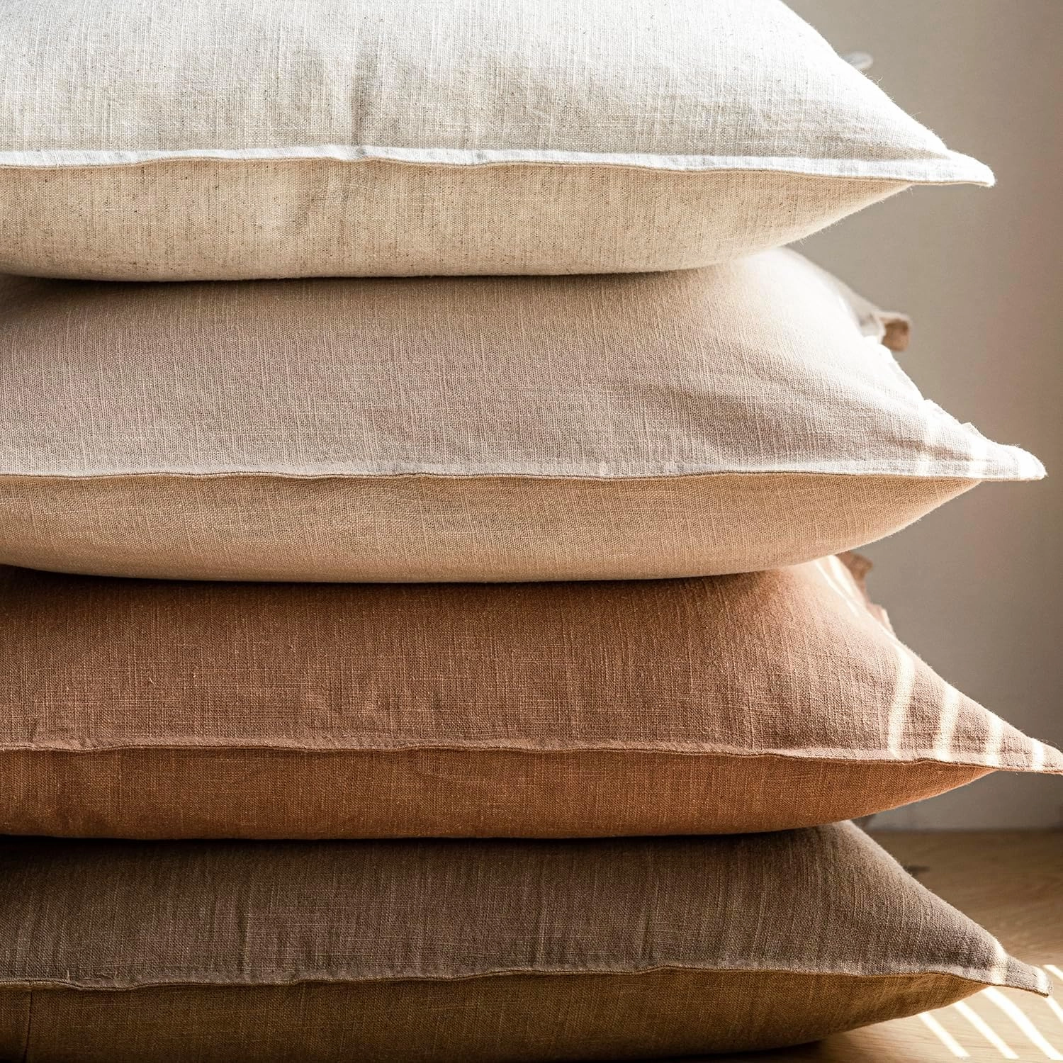 Foindtower Pack of 2, Decorative Linen Soild Throw Pillow Covers Soft Accent Cushion Case Boho Farmhouse Pillowcase for Chair Couch Sofa Bedroom Living Room Home Decor 20 x 20 Inch Light Khaki Brown