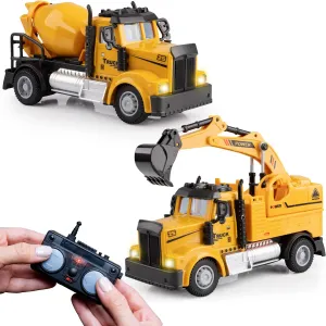 Force1 Mini Construction RC Trucks for Kids - 2 Pack Remote Control Toy Set with Mini Scoop RC Truck and Cement Mixer Toy, 2.4GHz Remote Controls, Bright LEDs, 2 Batteries, Yellow