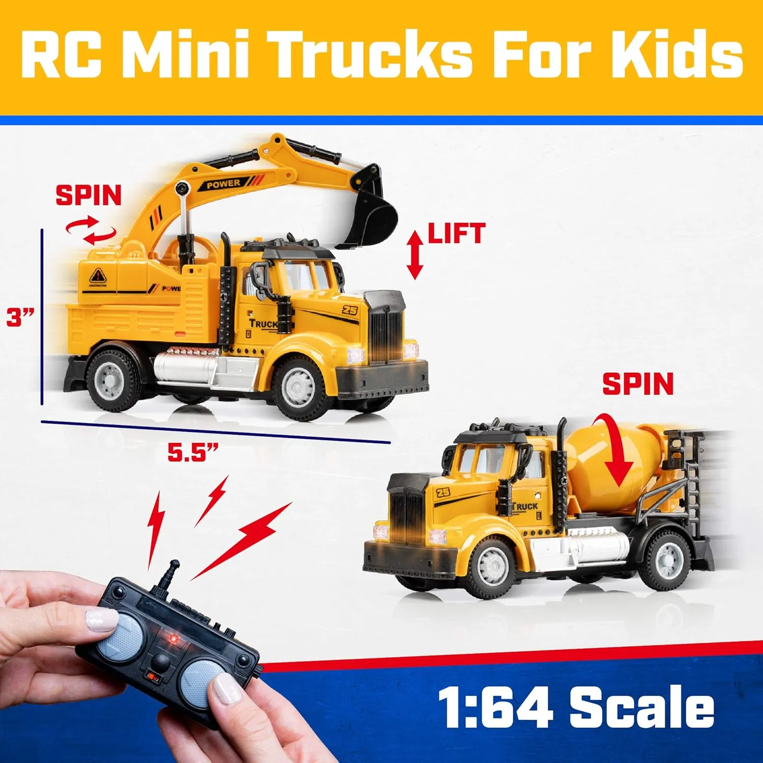 Force1 Mini Construction RC Trucks for Kids - 2 Pack Remote Control Toy Set with Mini Scoop RC Truck and Cement Mixer Toy, 2.4GHz Remote Controls, Bright LEDs, 2 Batteries, Yellow