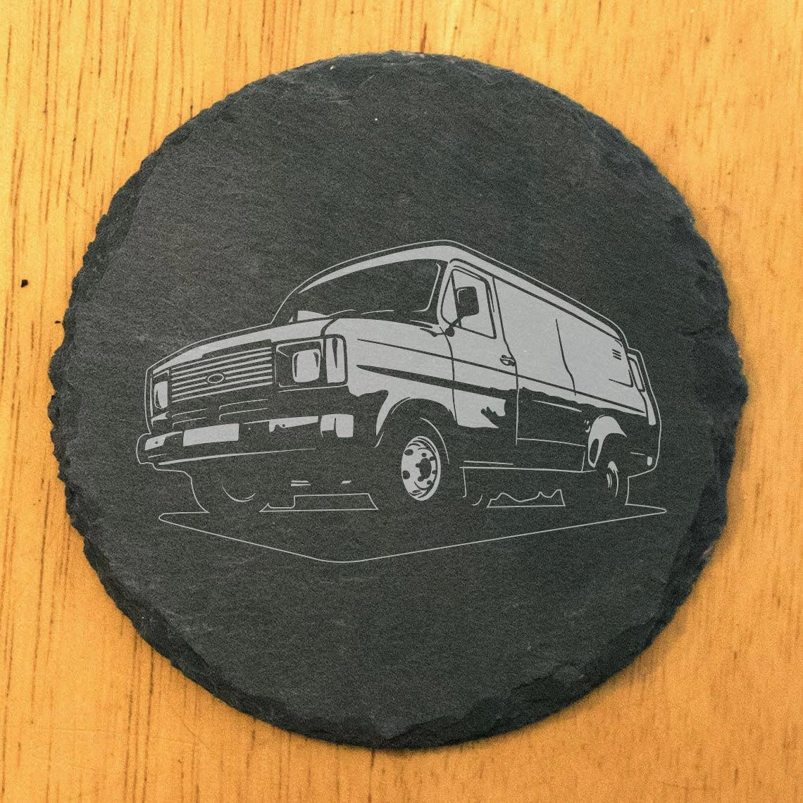 Ford Transit MK2 Van Design Rustic Gray Slate Coasters Set of 4 - Laser Etched, Natural Chipped Edge, Rubber Feet, Round or Square Options - Perfect for Birthdays & Housewarming by Oregon Small Biz