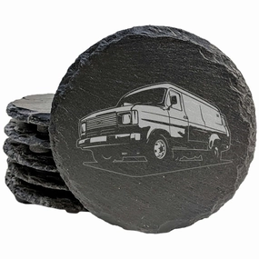 Ford Transit MK2 Van Design Rustic Gray Slate Coasters Set of 4 - Laser Etched, Natural Chipped Edge, Rubber Feet, Round or Square Options - Perfect for Birthdays & Housewarming by Oregon Small Biz