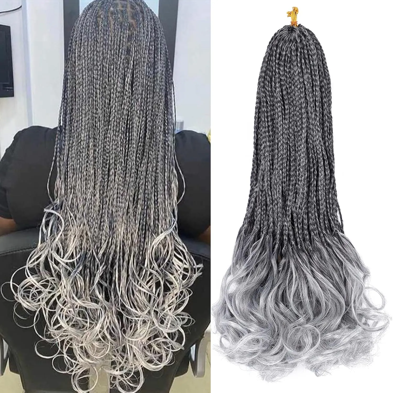 French Curl Crochet Braids 18 Inch 6 Packs Goddess Box Braids Crochet Hair Pre Looped French Curly Braiding Hair Crochet Box Braids With Curly Wavy Ends Synthetic Hair Extensions (#1B/Gray)