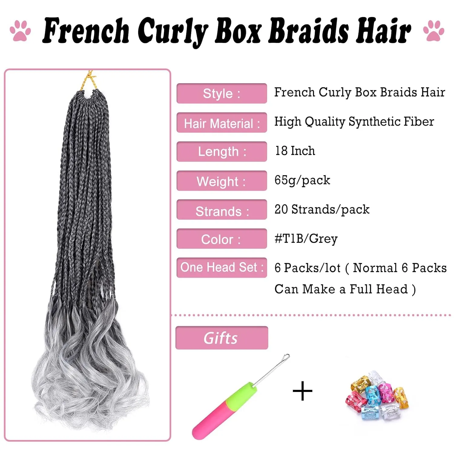 French Curl Crochet Braids 18 Inch 6 Packs Goddess Box Braids Crochet Hair Pre Looped French Curly Braiding Hair Crochet Box Braids With Curly Wavy Ends Synthetic Hair Extensions (#1B/Gray)