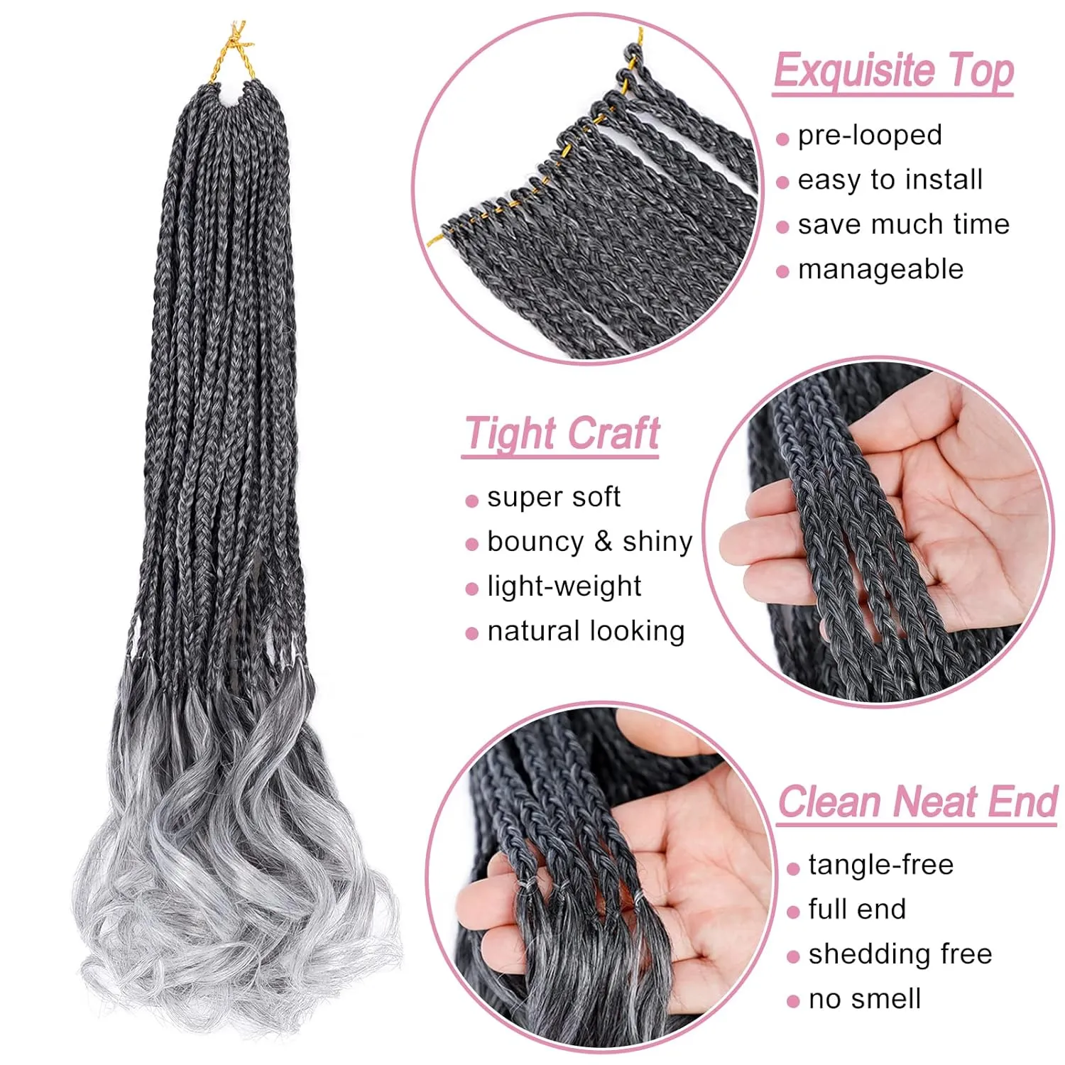 French Curl Crochet Braids 18 Inch 6 Packs Goddess Box Braids Crochet Hair Pre Looped French Curly Braiding Hair Crochet Box Braids With Curly Wavy Ends Synthetic Hair Extensions (#1B/Gray)