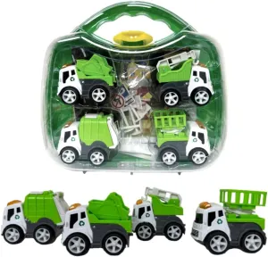 Friction Powered Small Construction Toys 4-Pack Truck Set - Includes Foldable Play Sheet and 6pcs Warning Sign Posts/Cones