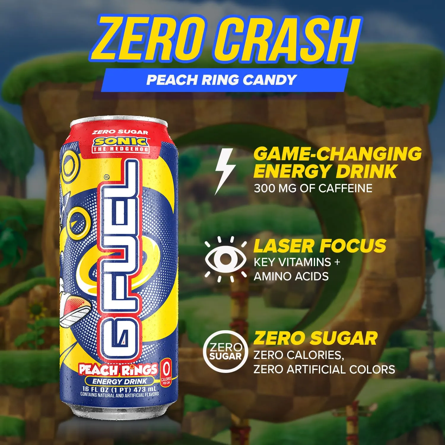 G Fuel Energy Drink, Peach Ring Candy, Sugar Free Beverage with 300mg Caffeine, Daily Energy Boost with Focus Amino, Vitamin   Antioxidants, 16 oz Cans (Sonic, 12-Pack)