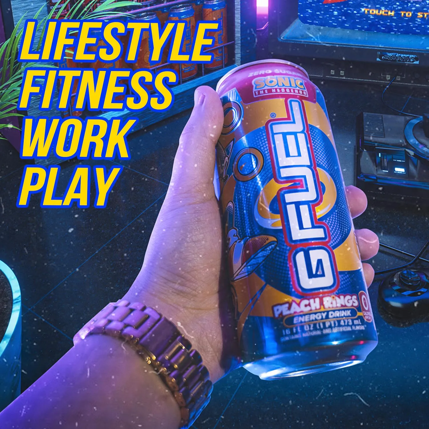 G Fuel Energy Drink, Peach Ring Candy, Sugar Free Beverage with 300mg Caffeine, Daily Energy Boost with Focus Amino, Vitamin   Antioxidants, 16 oz Cans (Sonic, 12-Pack)