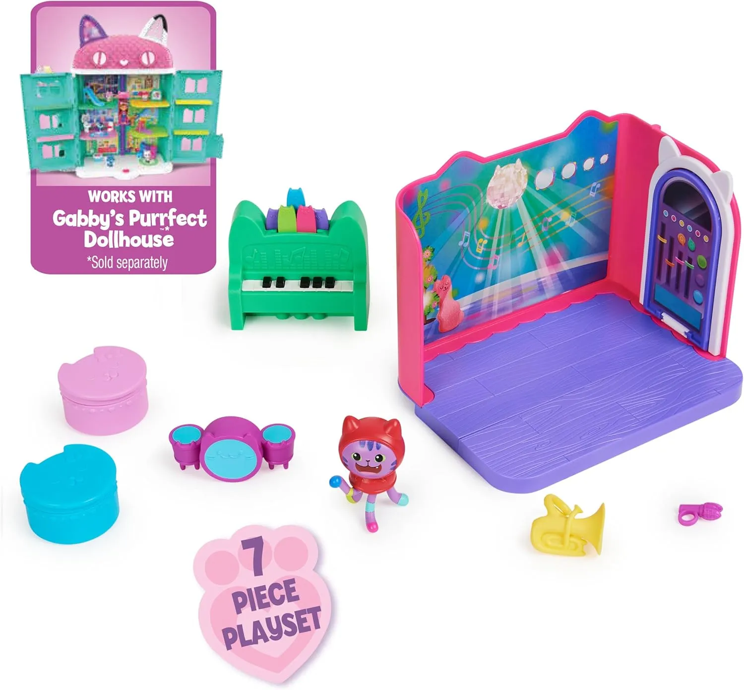 Gabby’s Dollhouse, Groovy Music Room with Daniel James Catnip Figure, 2 Accessories, 2 Furniture Pieces and 2 Deliveries, Kids Toys for Ages 3 and up