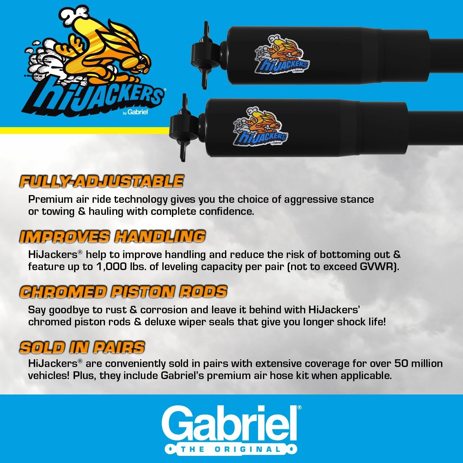 Gabriel 49106 HiJackers Rear Adjustable Air Shock Absorbers Fits Dodge Challenger, Charger, Coronet, Monaco, Polara; Plymouth Barracuda, Belvedere, Road Runner, Satellite, Savoy, Superbird (1 Pair)