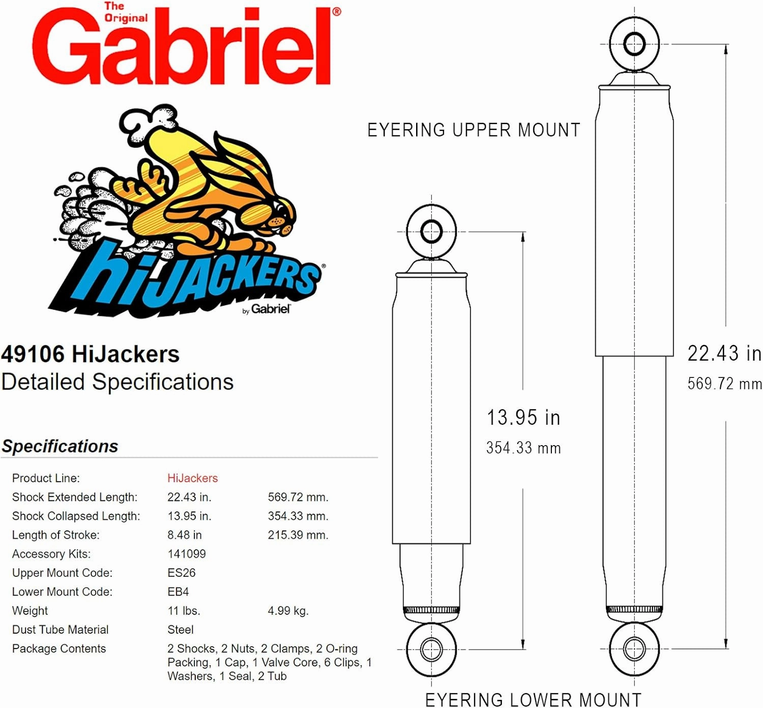 Gabriel 49106 HiJackers Rear Adjustable Air Shock Absorbers Fits Dodge Challenger, Charger, Coronet, Monaco, Polara; Plymouth Barracuda, Belvedere, Road Runner, Satellite, Savoy, Superbird (1 Pair)
