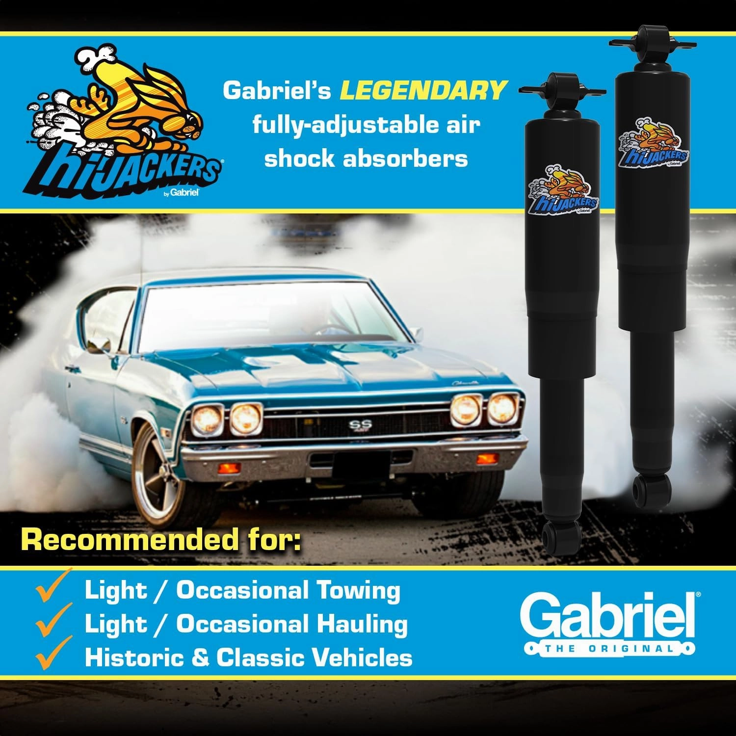 Gabriel 49235 HiJackers Rear Adjustable Air Shock Absorbers Fits Cadillac Escalade; Avalanche, Silverado, Suburban, Tahoe; Dodge Ram; GMC Canyon, Sierra, Yukon; Jeep Gladiator; Nissan TITAN (1 Pair)