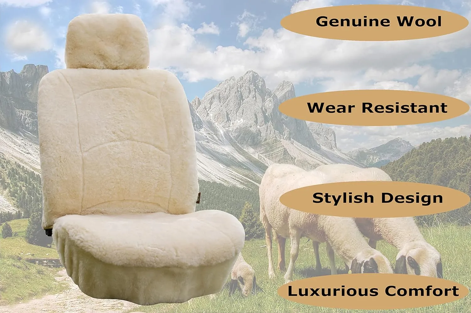 Genuine Sheepskin Seat Cover Lambskin Seat Cover Winter Car Seat Cover Lambs Wool Sheep Skin Fuzzy Shearling Car Accessories Front with Curve Patten (Beige)