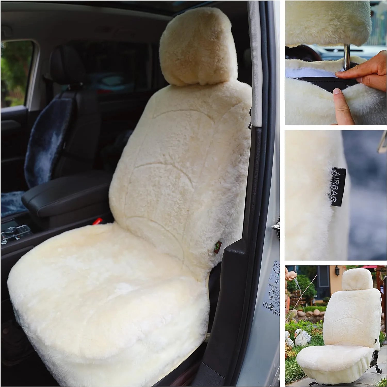 Genuine Sheepskin Seat Cover Lambskin Seat Cover Winter Car Seat Cover Lambs Wool Sheep Skin Fuzzy Shearling Car Accessories Front with Curve Patten (Beige)