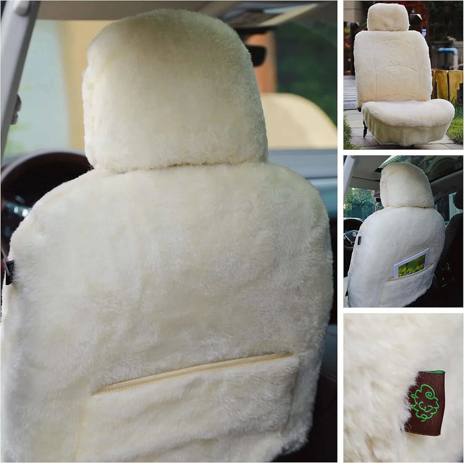 Genuine Sheepskin Seat Cover Lambskin Seat Cover Winter Car Seat Cover Lambs Wool Sheep Skin Fuzzy Shearling Car Accessories Front with Curve Patten (Beige)