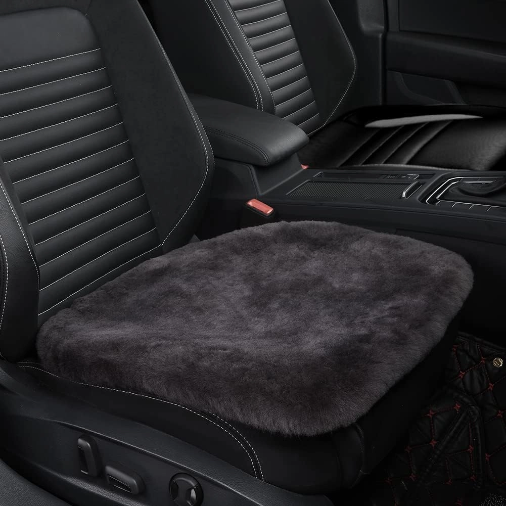 Genuine Sheepskin Auto Seat Pad, Australian Soft Wool Seat Cover Breathable and Sweat-Wicking Comfort Warm Universal Fit,19.2 inch x19.2 inch (Front seat Cushion 1pc, Dark Grey)