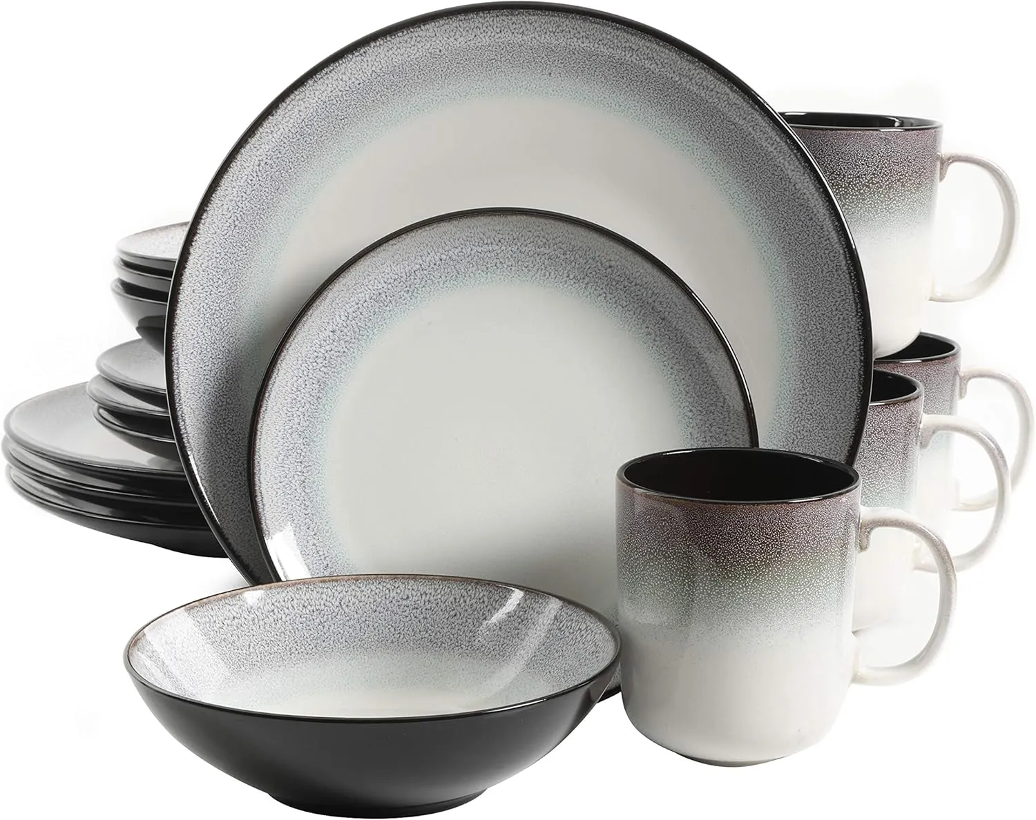 Gibson Elite Rings of Saturn Round Reactive Glaze Stoneware Dinnerware Set, Service for Four (16pcs), Teal Blue