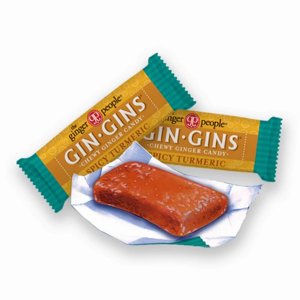 GIN GINS Spicy Turmeric Ginger Chews – 100% Natural Candy by The Ginger People – Individually Wrapped Healthy Treats - Made with Fresh Rhizome – Spicy Turmeric Flavor, 2.1oz Bag - Pack of 12
