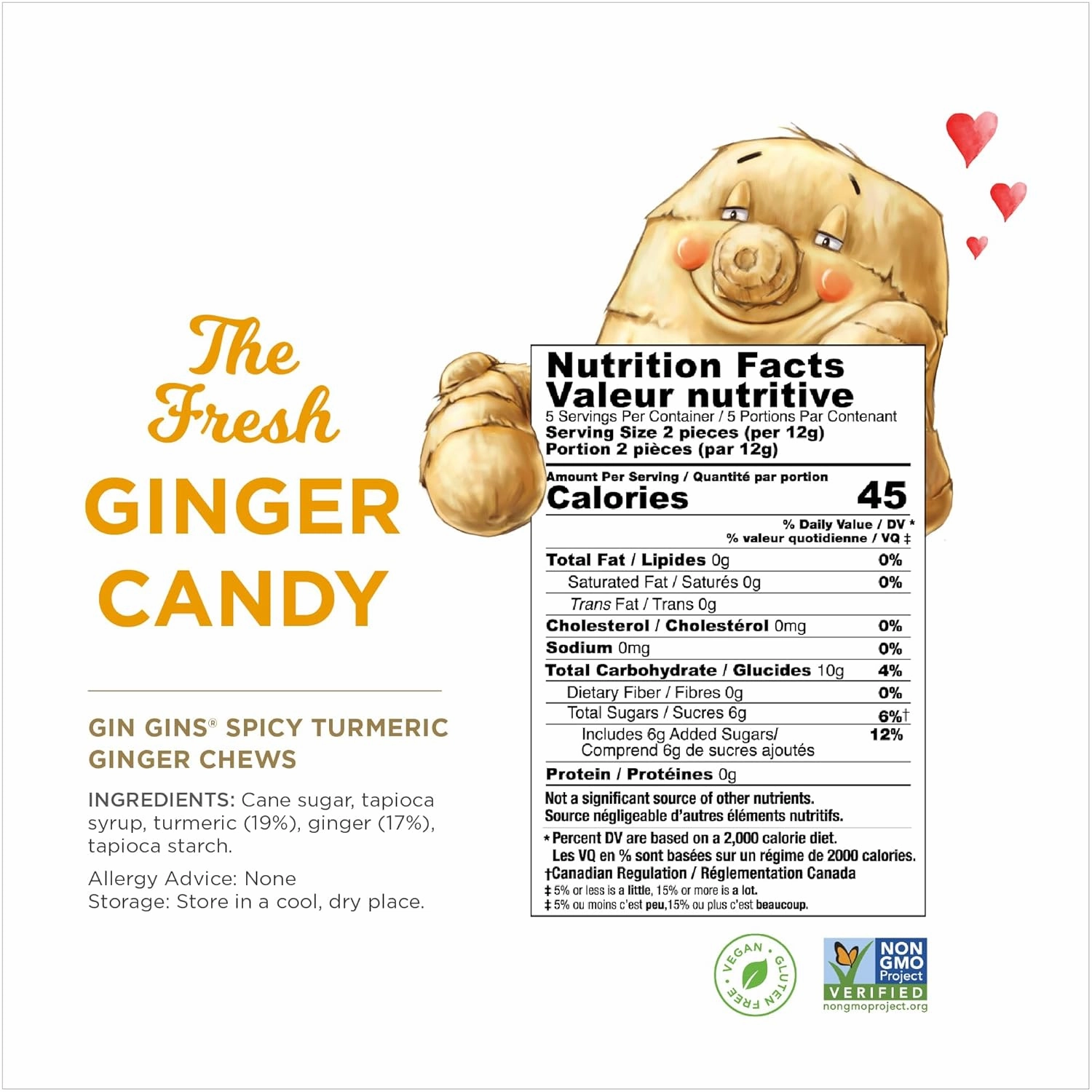 GIN GINS Spicy Turmeric Ginger Chews – 100% Natural Candy by The Ginger People – Individually Wrapped Healthy Treats - Made with Fresh Rhizome – Spicy Turmeric Flavor, 2.1oz Bag - Pack of 12