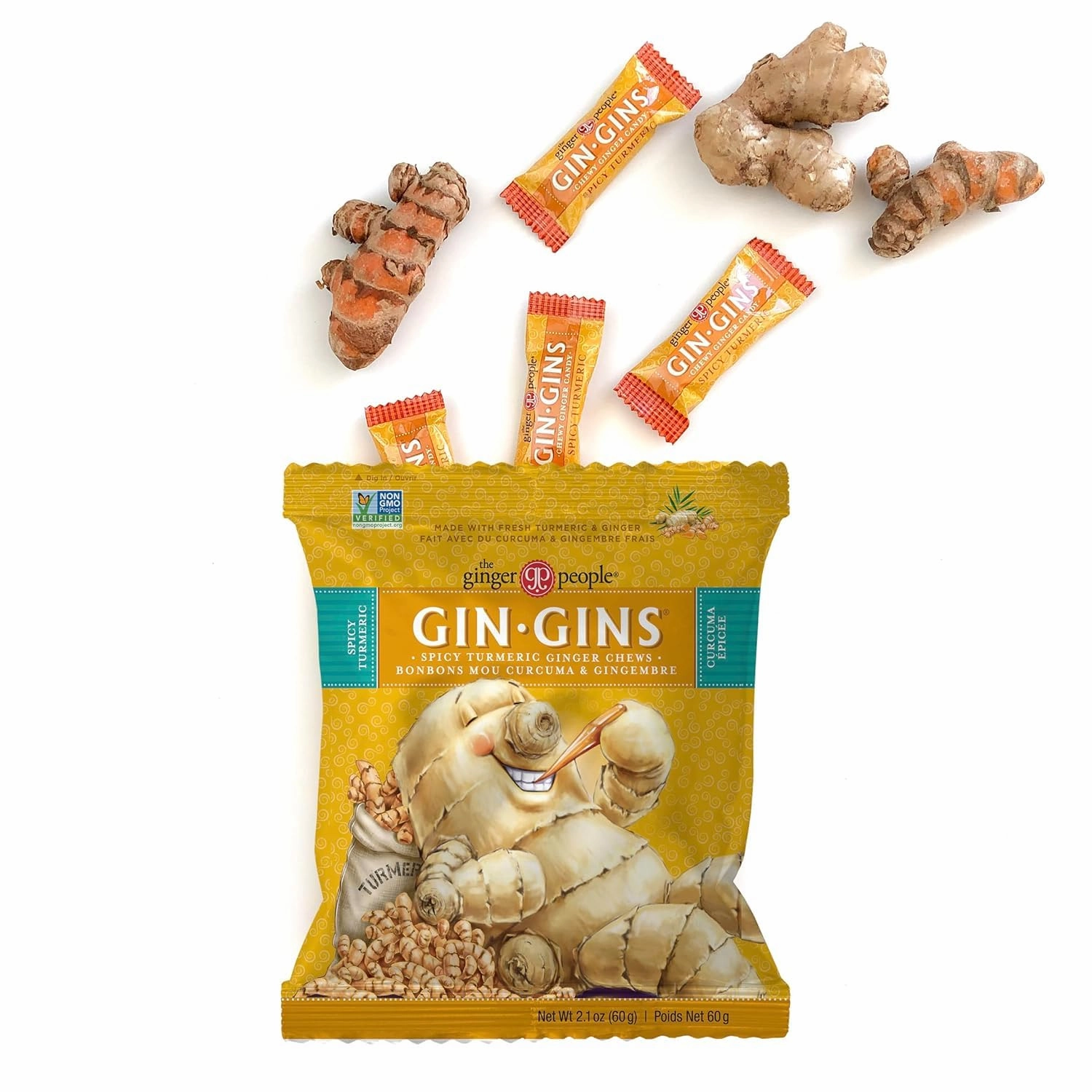 GIN GINS Spicy Turmeric Ginger Chews – 100% Natural Candy by The Ginger People – Individually Wrapped Healthy Treats - Made with Fresh Rhizome – Spicy Turmeric Flavor, 2.1oz Bag - Pack of 12