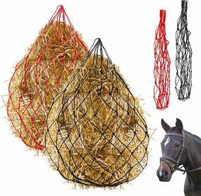 Glarks 2Pcs 36" Length with 5" x 5" Holes Nylon Ultra Slow Feed Hay Net, Black and Red Large Capacity Heavy Duty Poly Horse Hay Net Equine Feeding Bag for Trailer and Stall, Simulates Grazing