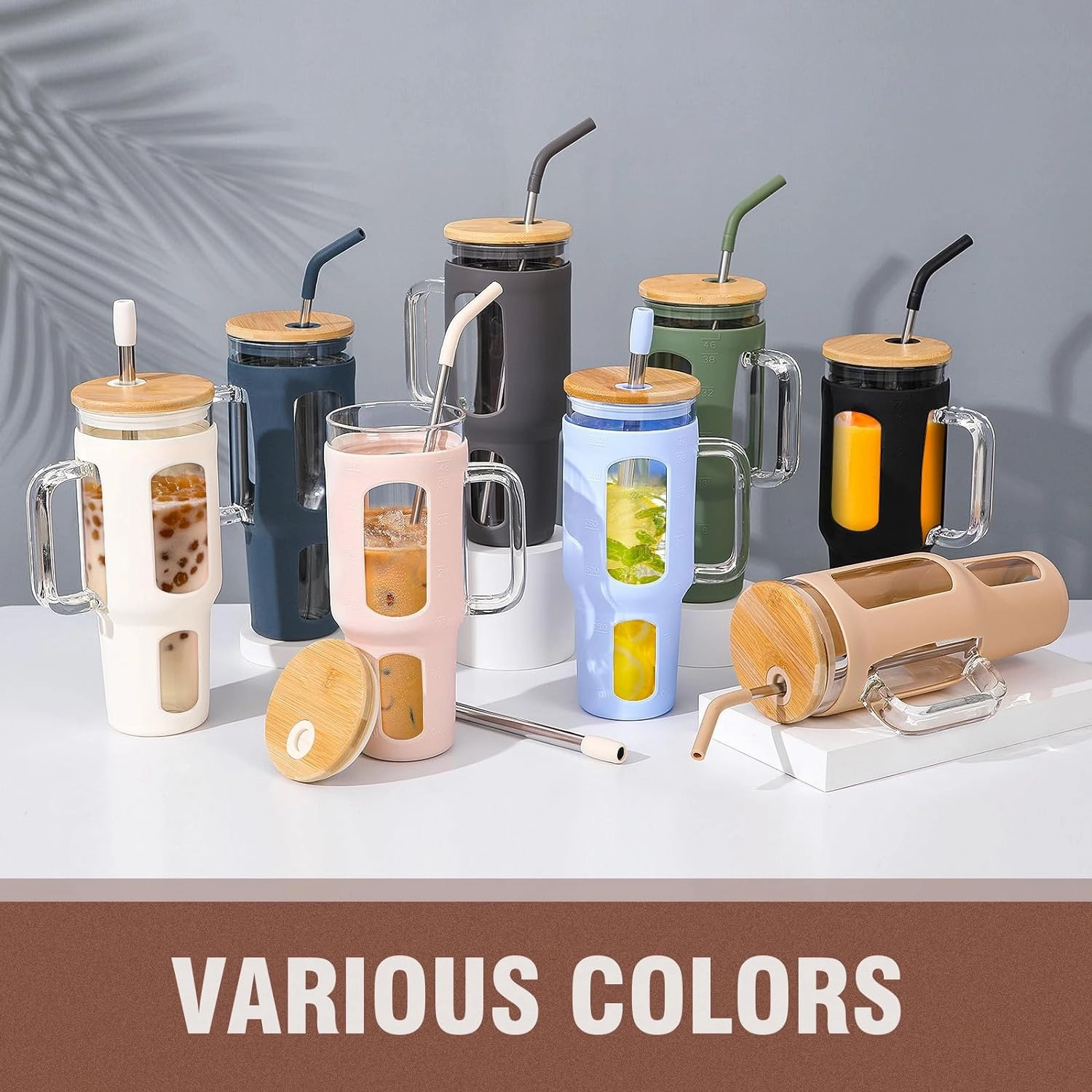 Glass Tumbler with Lid and Straw, 46 oz Iced Coffee Cup with Handle, Glass Water Bottles with Silicone Sleeve, Glass Cup with Straws - Pearl Straw & Drinking Straw BPA Free-Amber