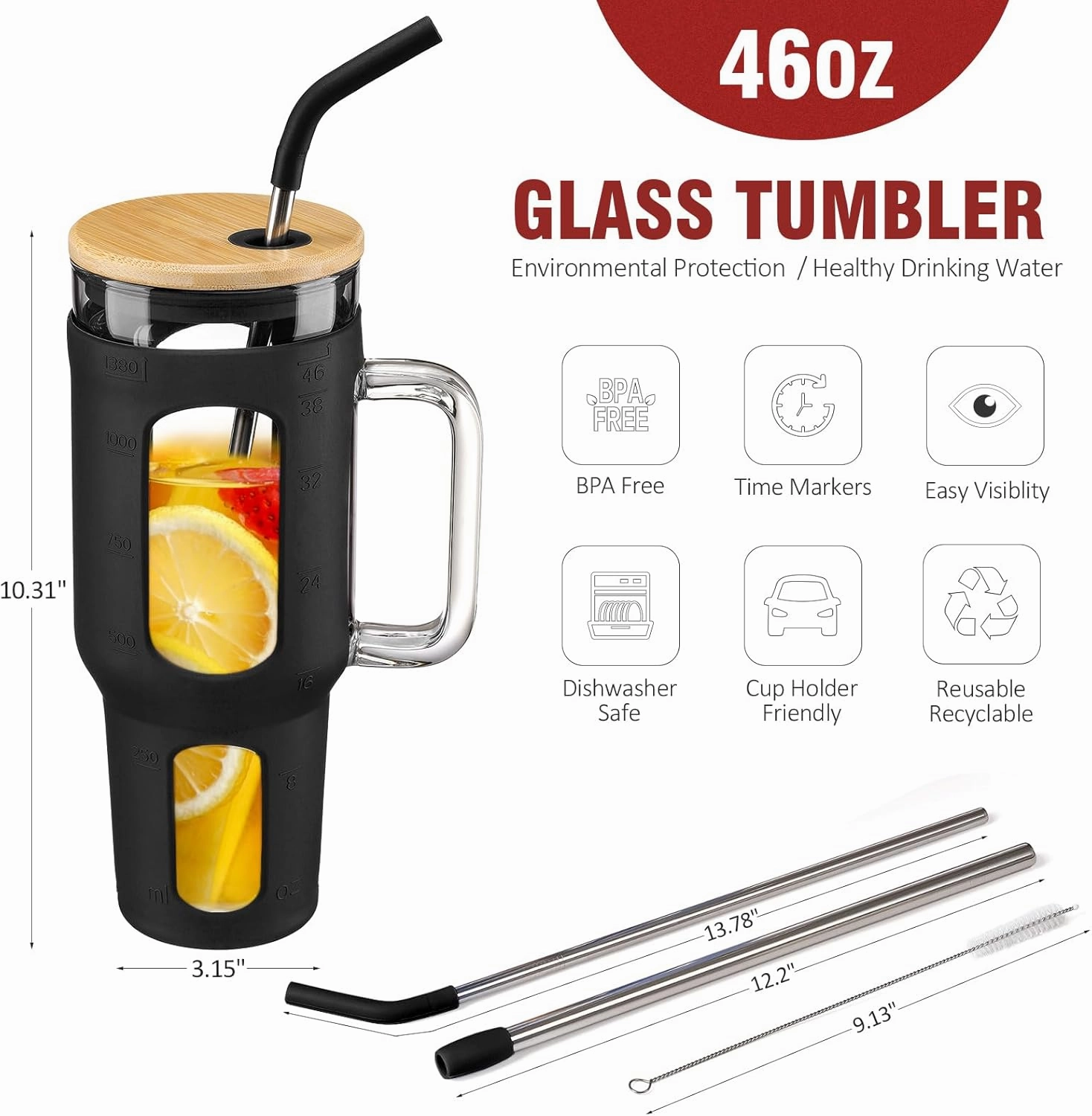 Glass Tumbler with Lid and Straw, 46 oz Iced Coffee Cup with Handle, Glass Water Bottles with Silicone Sleeve, Glass Cup with Straws - Pearl Straw & Drinking Straw BPA Free-Black