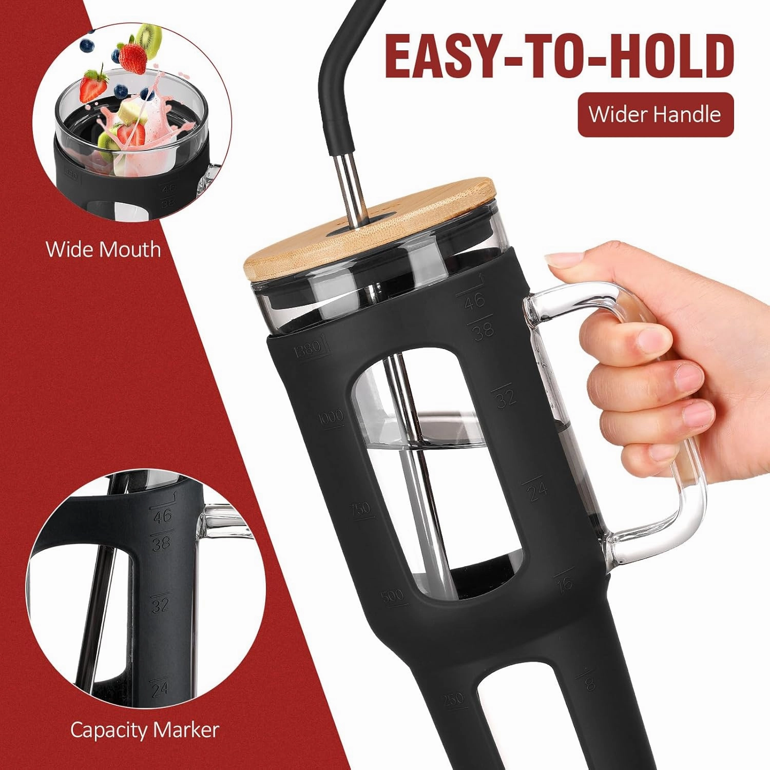 Glass Tumbler with Lid and Straw, 46 oz Iced Coffee Cup with Handle, Glass Water Bottles with Silicone Sleeve, Glass Cup with Straws - Pearl Straw & Drinking Straw BPA Free-Black