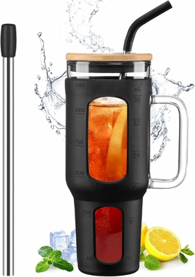 Glass Tumbler with Lid and Straw, 46 oz Iced Coffee Cup with Handle, Glass Water Bottles with Silicone Sleeve, Glass Cup with Straws - Pearl Straw & Drinking Straw BPA Free-Black