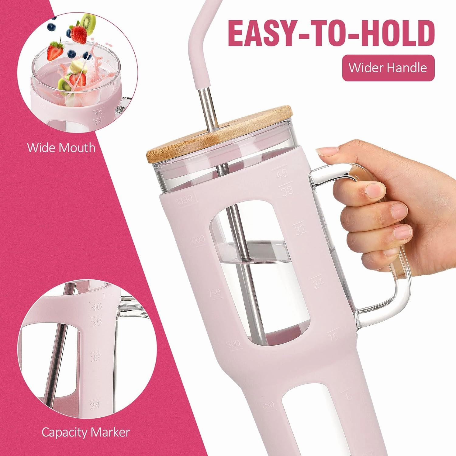 Glass Tumbler with Lid and Straw, 46 oz Iced Coffee Cup with Handle, Glass Water Bottles with Silicone Sleeve, Glass Cup with Straws - Pearl Straw & Drinking Straw BPA Free-CottonPink