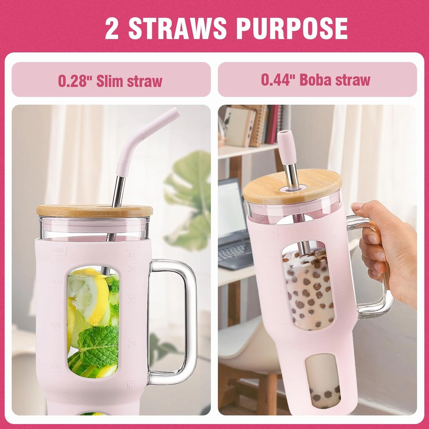 Glass Tumbler with Lid and Straw, 46 oz Iced Coffee Cup with Handle, Glass Water Bottles with Silicone Sleeve, Glass Cup with Straws - Pearl Straw & Drinking Straw BPA Free-CottonPink