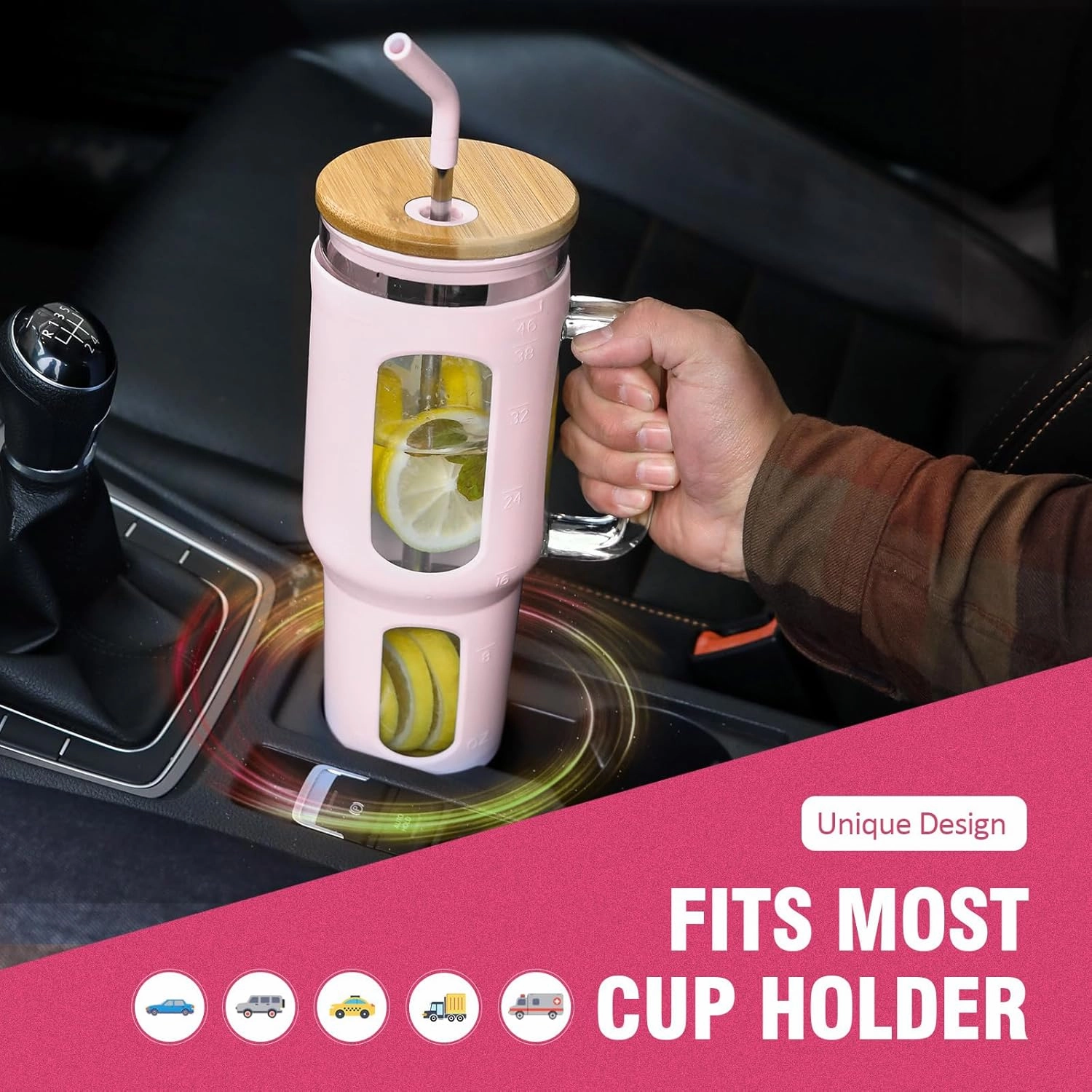 Glass Tumbler with Lid and Straw, 46 oz Iced Coffee Cup with Handle, Glass Water Bottles with Silicone Sleeve, Glass Cup with Straws - Pearl Straw & Drinking Straw BPA Free-CottonPink