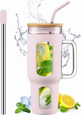 Glass Tumbler with Lid and Straw, 46 oz Iced Coffee Cup with Handle, Glass Water Bottles with Silicone Sleeve, Glass Cup with Straws - Pearl Straw & Drinking Straw BPA Free-CottonPink