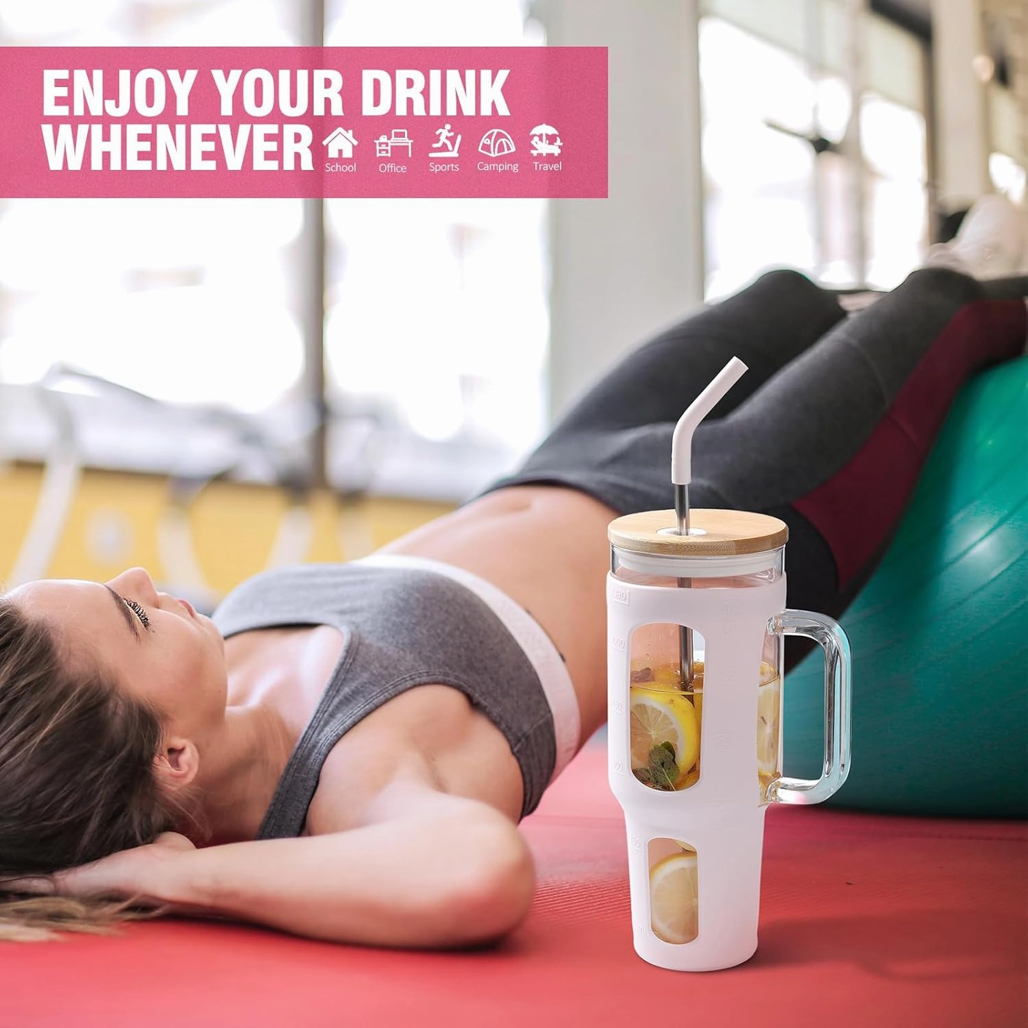 Glass Tumbler with Lid and Straw, 46 oz Iced Coffee Cup with Handle, Glass Water Bottles with Silicone Sleeve, Glass Cup with Straws - Pearl Straw & Drinking Straw BPA Free-CottonPink