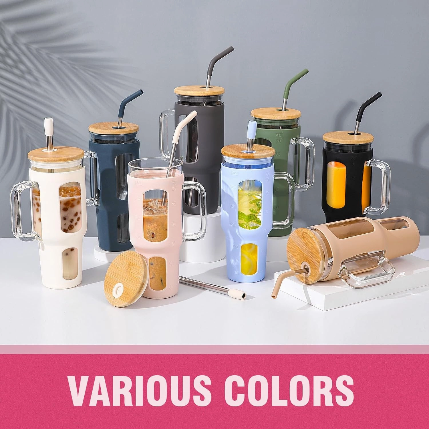 Glass Tumbler with Lid and Straw, 46 oz Iced Coffee Cup with Handle, Glass Water Bottles with Silicone Sleeve, Glass Cup with Straws - Pearl Straw & Drinking Straw BPA Free-CottonPink