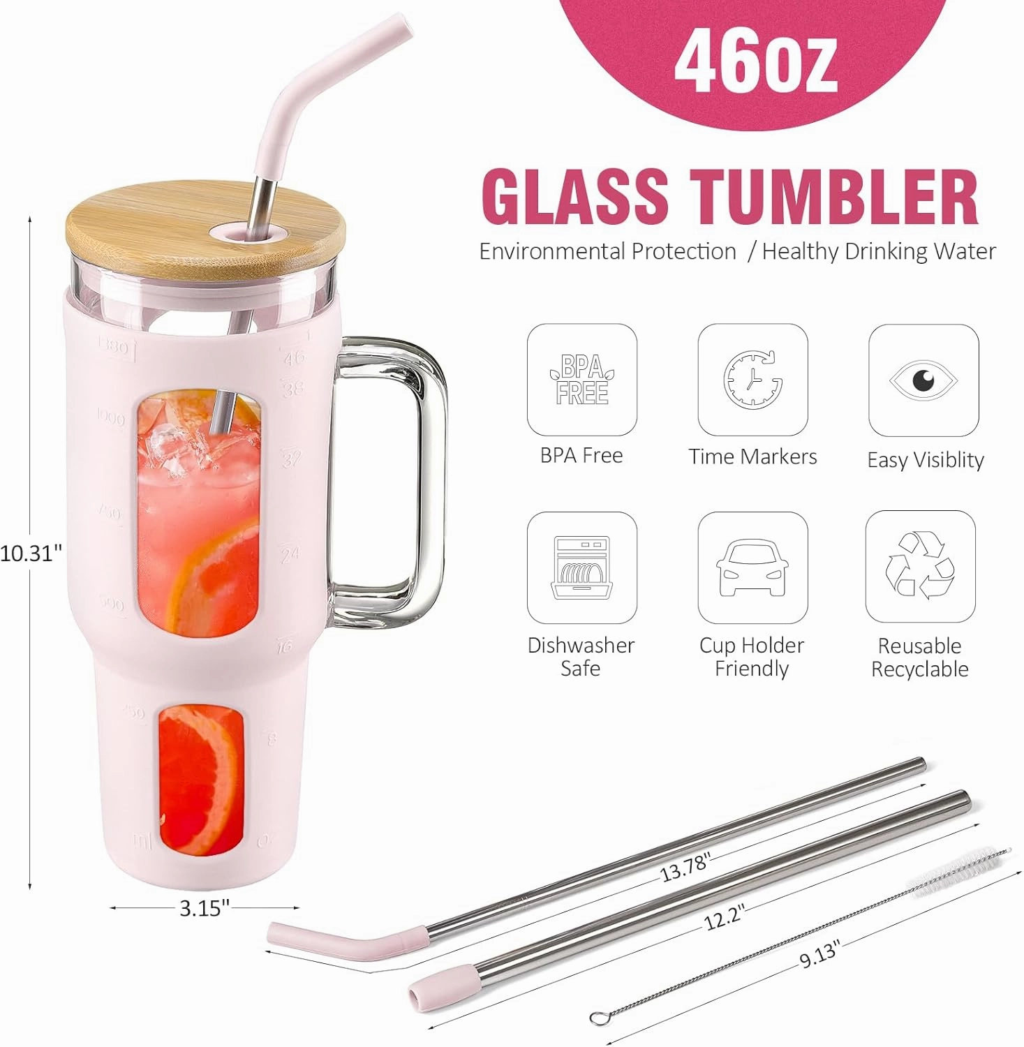 Glass Tumbler with Lid and Straw, 46 oz Iced Coffee Cup with Handle, Glass Water Bottles with Silicone Sleeve, Glass Cup with Straws - Pearl Straw & Drinking Straw BPA Free-CottonPink