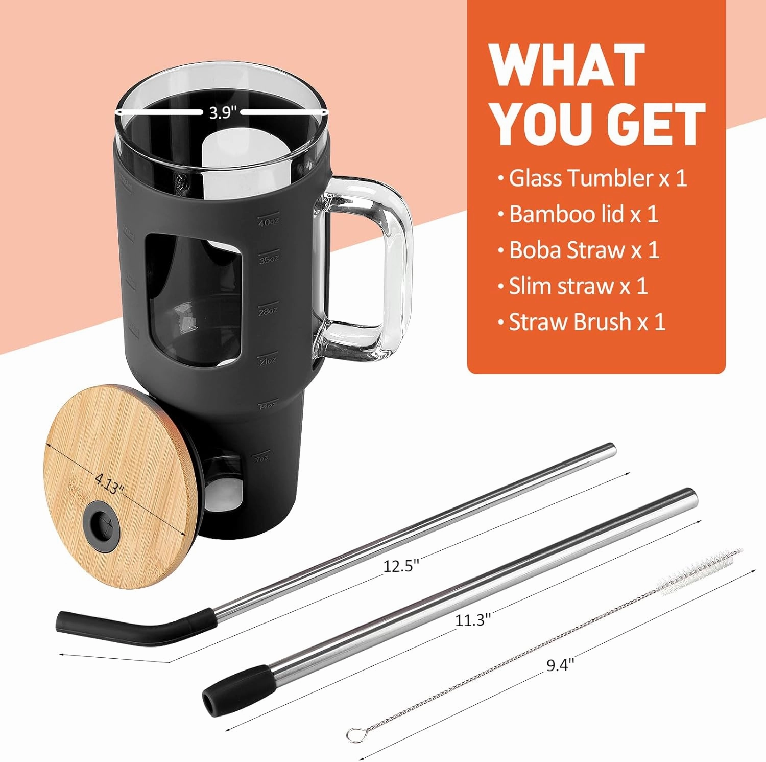 Glass Tumbler with Straw and Lid, 40 oz glass cup with handle, Glass Water Bottles with Time Marker, Silicone Protective Sleeve-Black