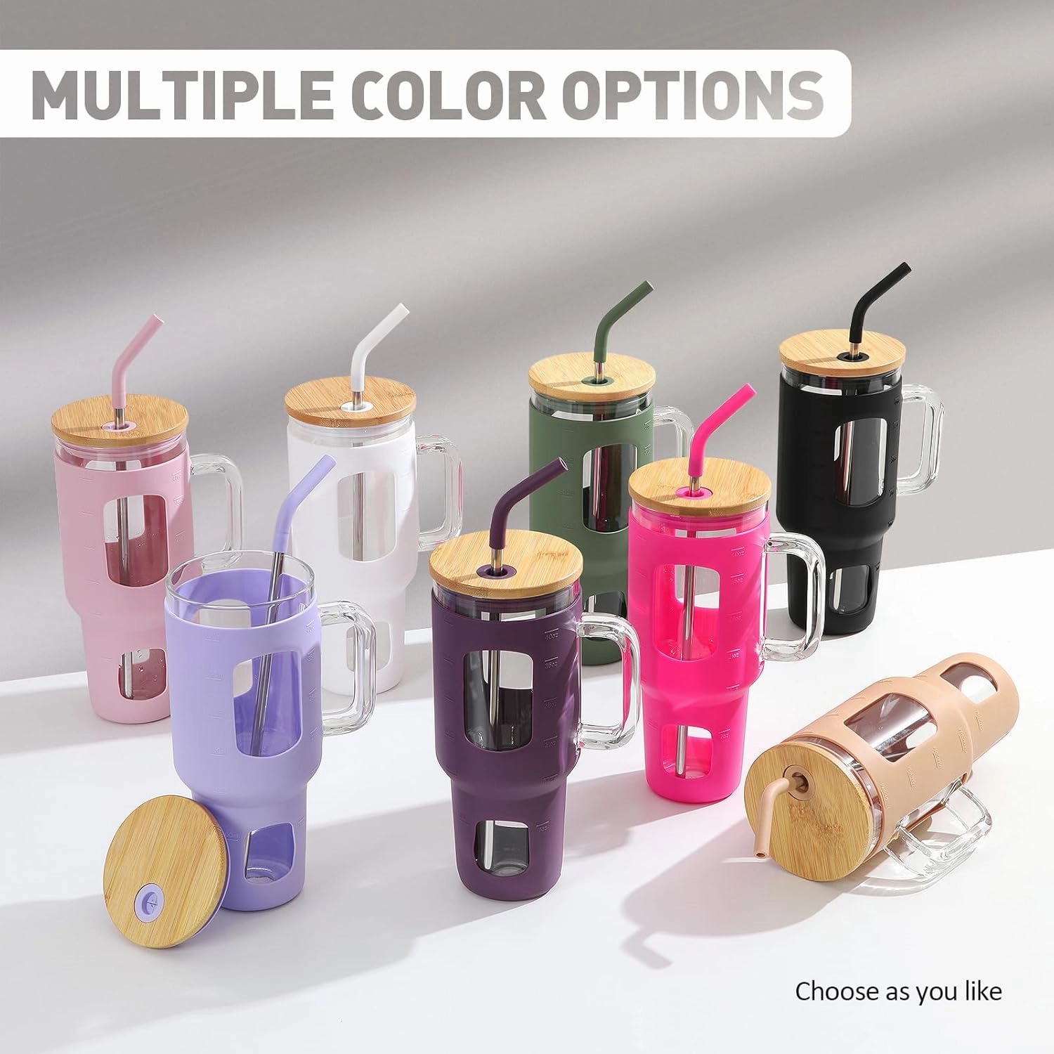 Glass Tumbler with Straw and Lid, 40 oz glass cup with handle, Glass Water Bottles with Time Marker, Silicone Protective Sleeve-Dark Purple