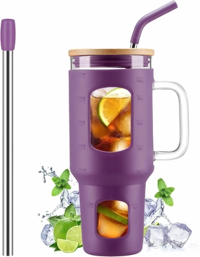 Glass Tumbler with Straw and Lid, 40 oz glass cup with handle, Glass Water Bottles with Time Marker, Silicone Protective Sleeve-Dark Purple