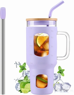 Glass Tumbler with Straw and Lid, 40 oz glass cup with handle, Glass Water Bottles with Time Marker, Silicone Protective Sleeve-Purple