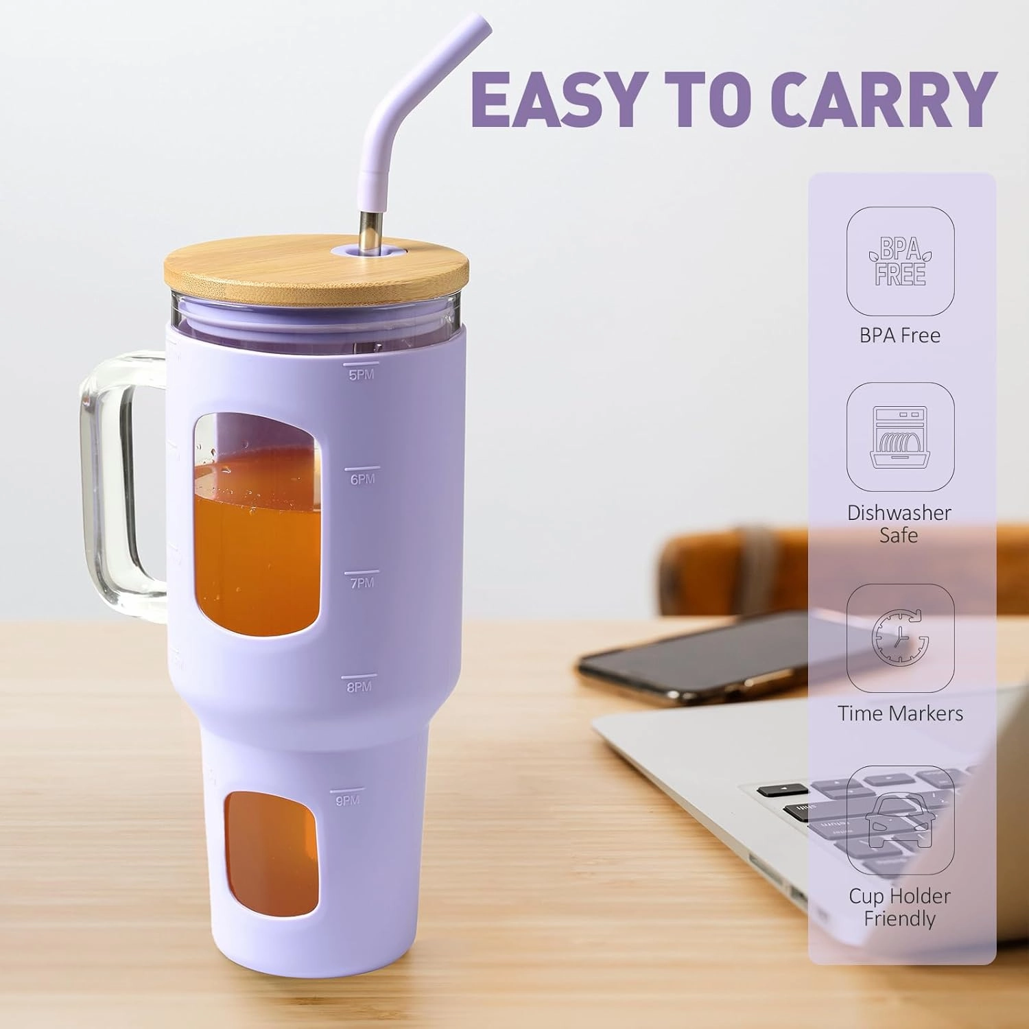 Glass Tumbler with Straw and Lid, 40 oz glass cup with handle, Glass Water Bottles with Time Marker, Silicone Protective Sleeve-Purple