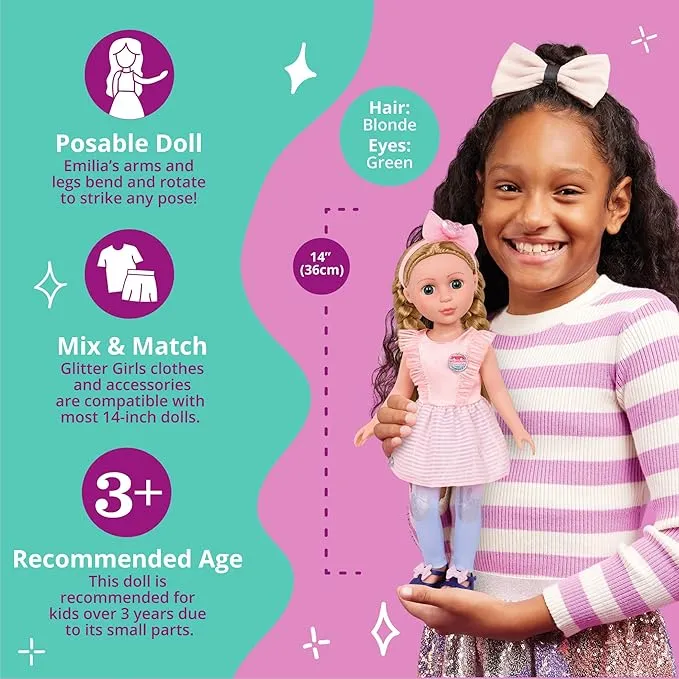 Glitter Girls – 14-Inch Poseable Fashion Doll – Braided Blonde Hair & Green Eyes – Pink Dress & Gradient Leggings – Hair Bow & Glitter Sandals – 3 Years   – Emilia