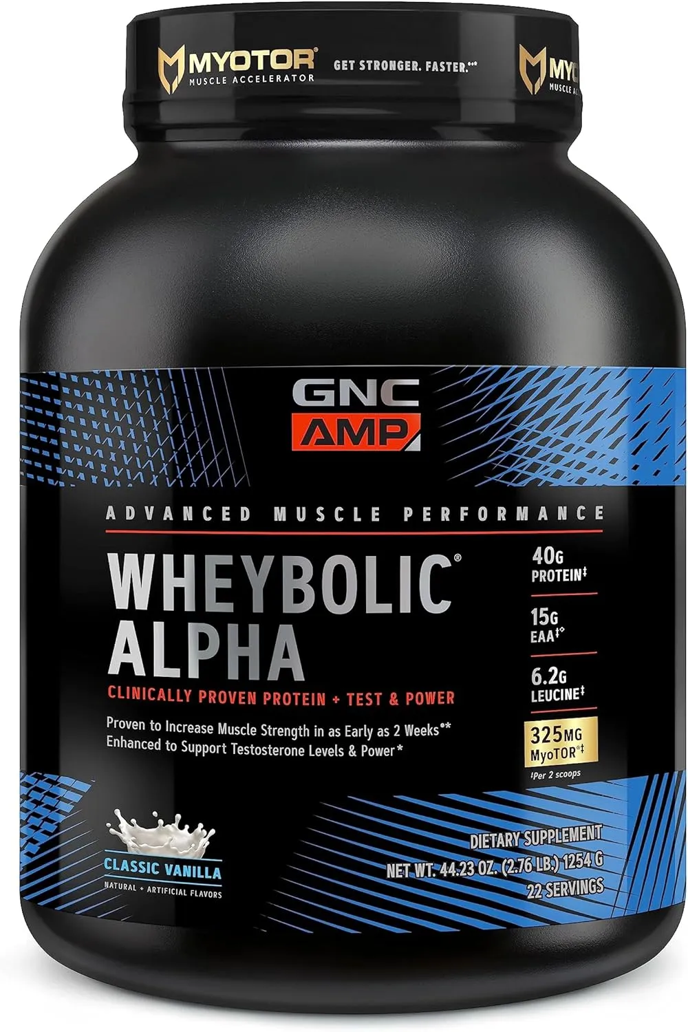 GNC AMP Wheybolic Alpha Clinically Proven Protein Powder, Increases Muscle Strength, Size & Power, Boost Testosterone Levels, 40g Protein, 6.2g Leucine, 15g EAAs, Creatine, Classic Vanilla, 22 SVG