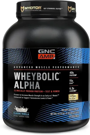 GNC AMP Wheybolic Alpha Clinically Proven Protein Powder, Increases Muscle Strength, Size & Power, Boost Testosterone Levels, 40g Protein, 6.2g Leucine, 15g EAAs, Creatine, Classic Vanilla, 22 SVG