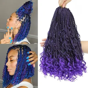 Goddess Bohemian Box Braids Crochet Hair with Curly Ends, 14 Inch 8 Packs Pre Looped 3X Crochet Boho Box Braids Synthetic Braiding Hair Extensions for Black Women (#T1B/Purple)