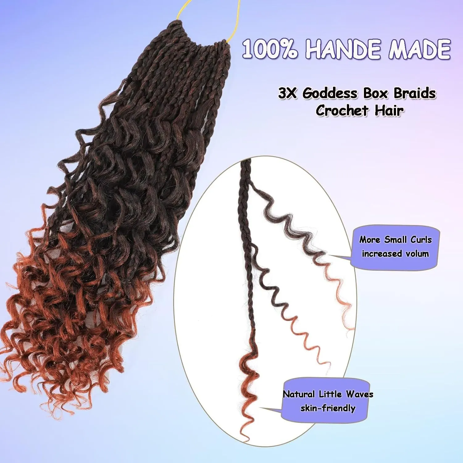 Goddess Bohemian Box Braids Crochet Hair with Curly Ends, 14 Inch 8 Packs Pre Looped 3X Crochet Boho Box Braids Synthetic Braiding Hair Extensions for Black Women (#T1B/Purple)