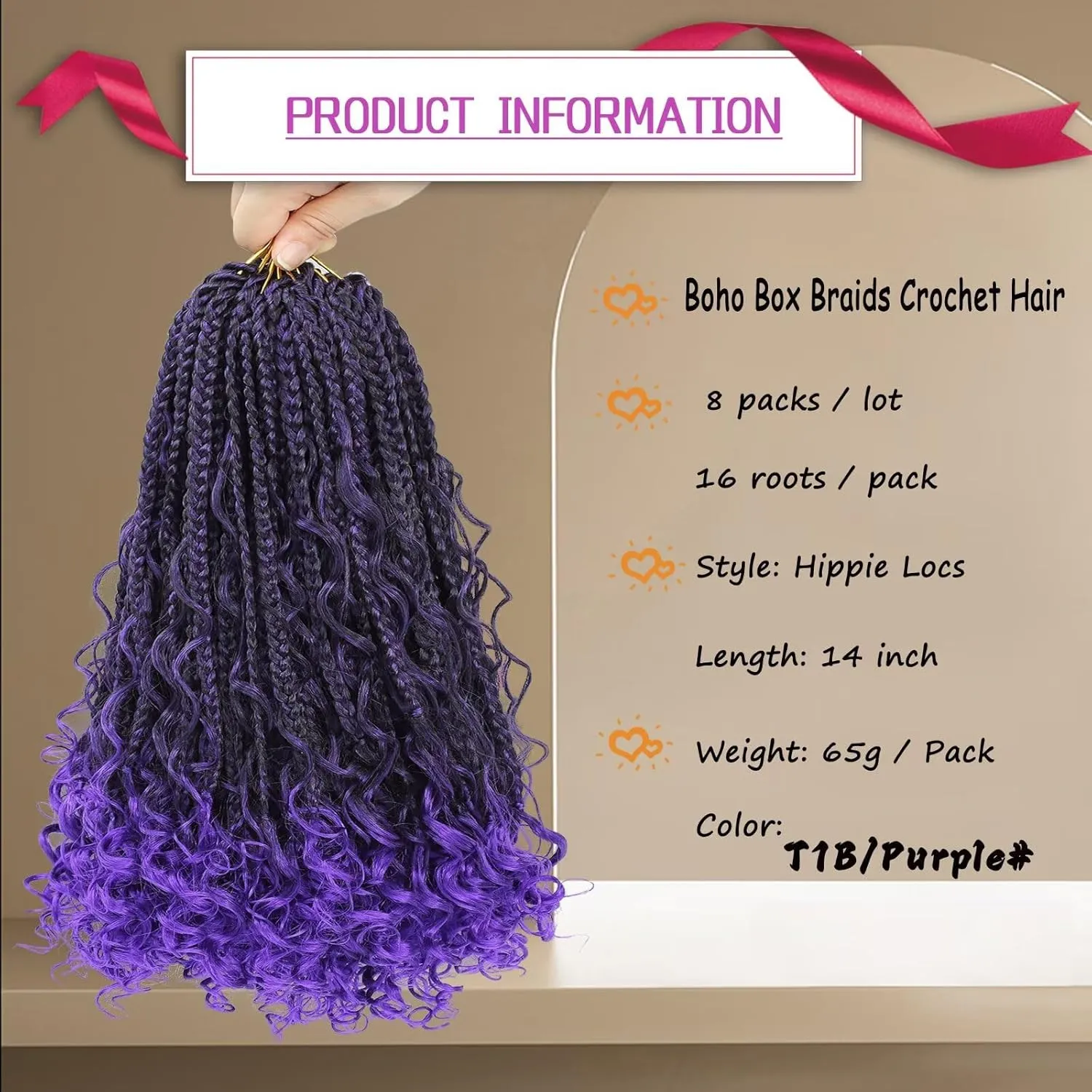 Goddess Bohemian Box Braids Crochet Hair with Curly Ends, 14 Inch 8 Packs Pre Looped 3X Crochet Boho Box Braids Synthetic Braiding Hair Extensions for Black Women (#T1B/Purple)