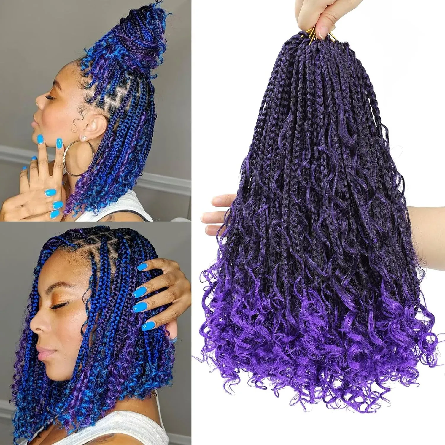 Goddess Bohemian Box Braids Crochet Hair with Curly Ends, 14 Inch 8 Packs Pre Looped 3X Crochet Boho Box Braids Synthetic Braiding Hair Extensions for Black Women (#T1B/Purple)