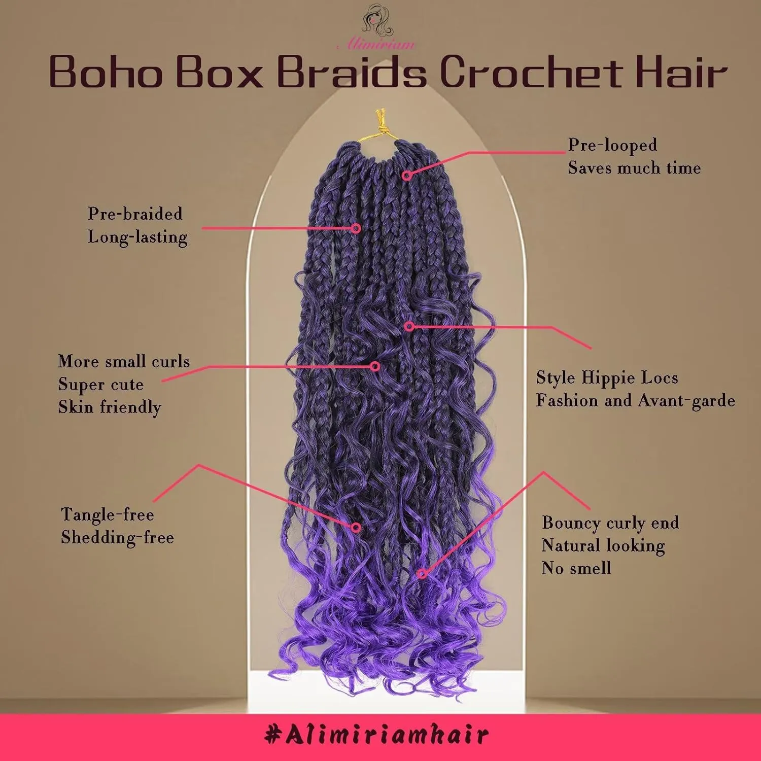 Goddess Bohemian Box Braids Crochet Hair with Curly Ends, 14 Inch 8 Packs Pre Looped 3X Crochet Boho Box Braids Synthetic Braiding Hair Extensions for Black Women (#T1B/Purple)