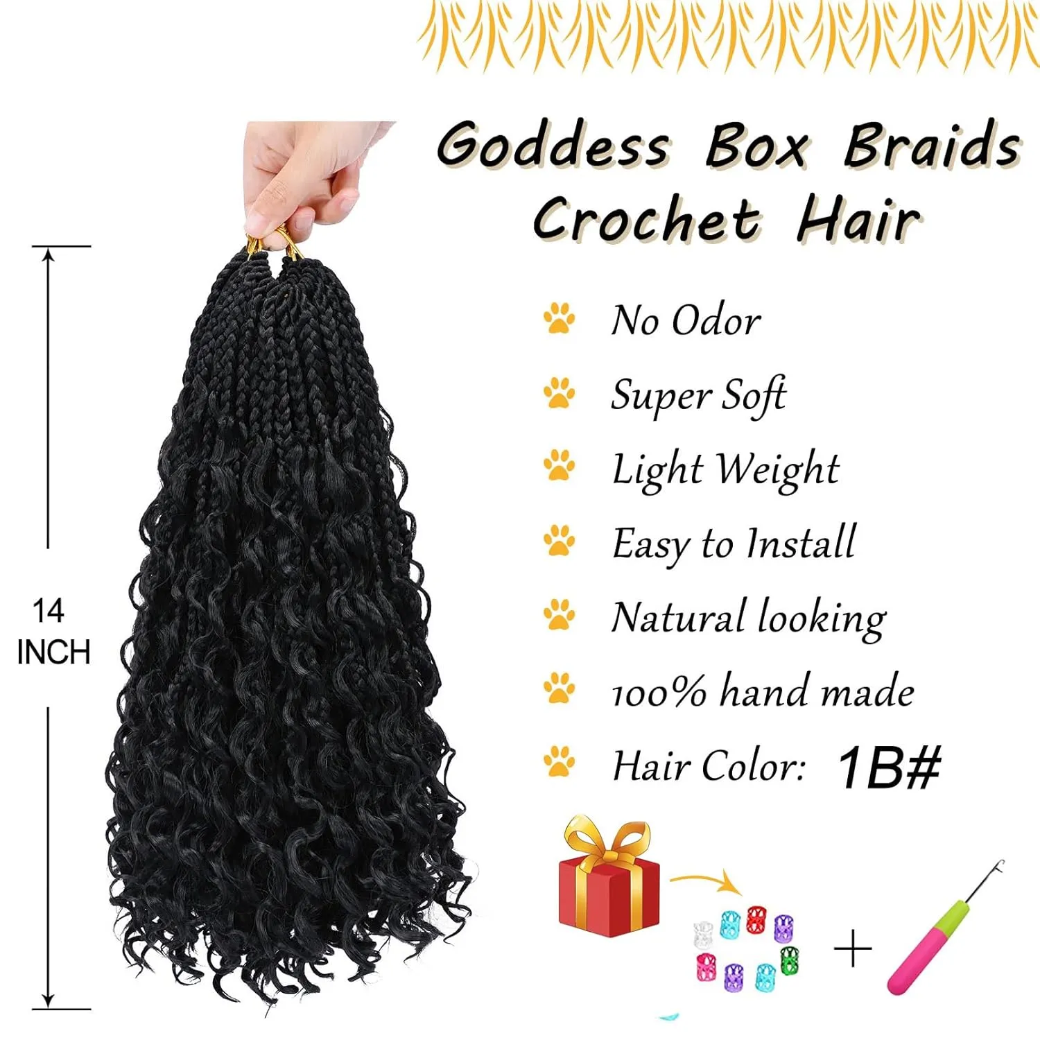 Goddess Box Braids Crochet Hair 14 Inch Pre-looped Bohomian Crochet Box Braids Curly Ends 8 Packs 3X Crotchet Braid for Women Synthetic Braiding Hair Extension (1B)