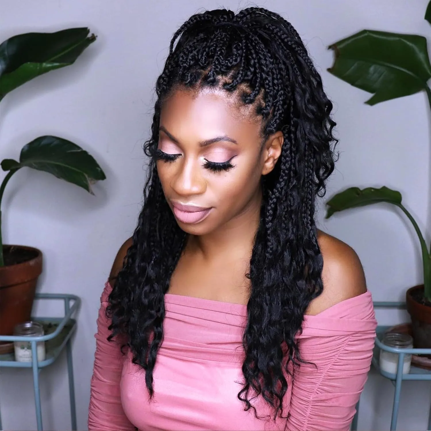Goddess Box Braids Crochet Hair 14 Inch Pre-looped Bohomian Crochet Box Braids Curly Ends 8 Packs 3X Crotchet Braid for Women Synthetic Braiding Hair Extension (1B)
